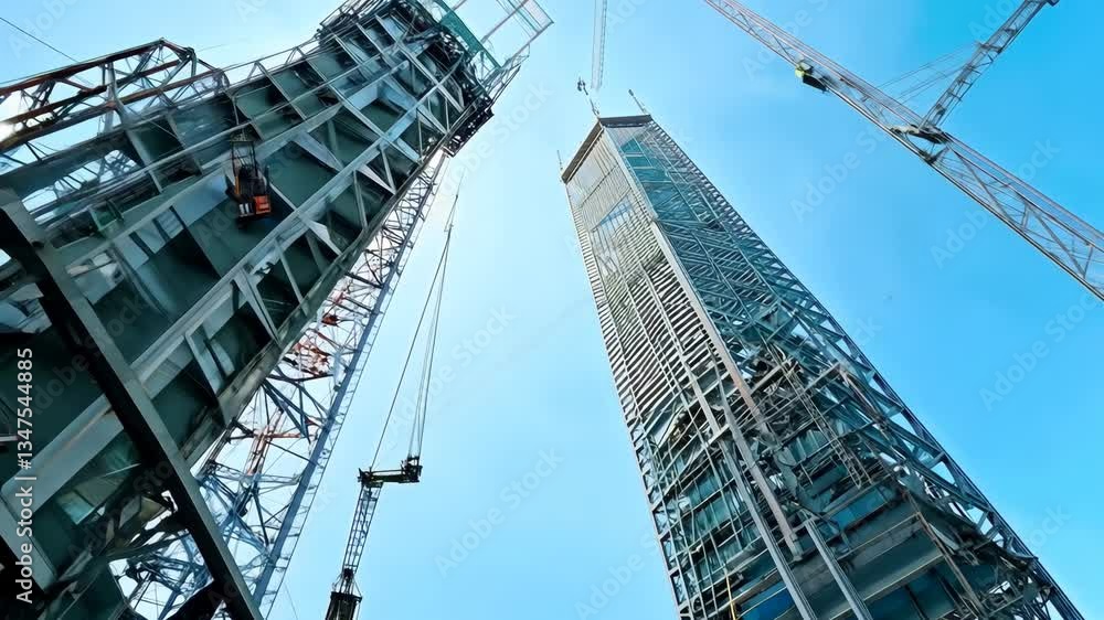 Dramatic rise of skyscraper with tower cranes against clear blue sky