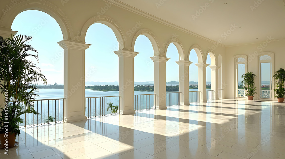 Fototapeta premium Spacious White Interior Hall With Arched Windows Overlooking Blue Lake And Clear Sky In Sunny Day