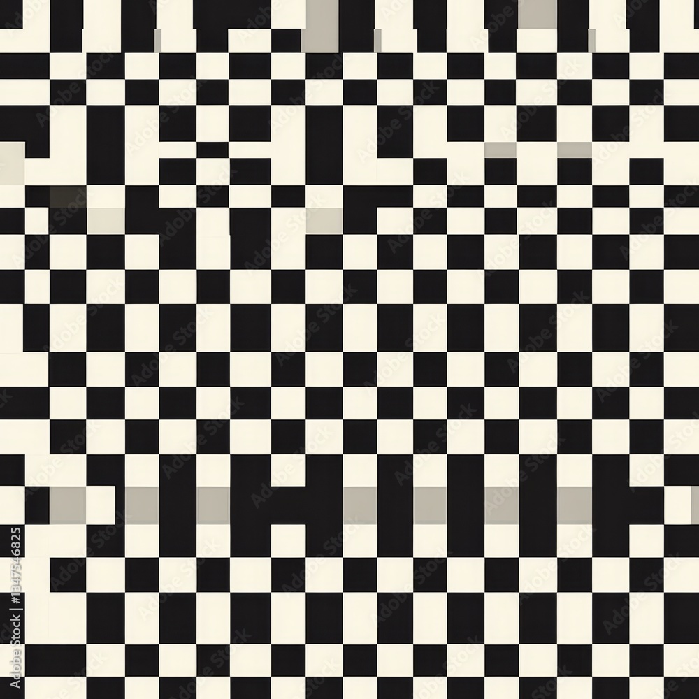 Fototapeta premium Modern seamless pattern featuring pixel style design, with black and white ornaments set against a white background, reminiscent of Nordic style fabric