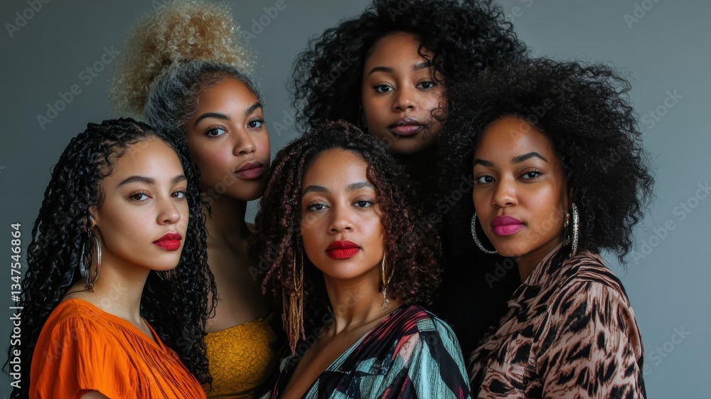 Obraz premium Five women stand closely together, displaying unique hairstyles and vibrant outfits against a neutral backdrop in a studio