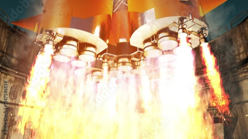 Close-up of the launch vehicle's rocket engines igniting before takeoff. 3d animation. 4k.