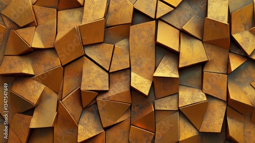 This 3D render presents a polished and luxurious wall background adorned with tiles, paired with a 3D tile wallpaper that features gold blocks in a triangular shape