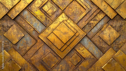 Fototapeta Naklejka Na Ścianę i Meble -  Gold and luxurious wallpaper with 3D triangular tiles and polished blocks create a unique wall background, as depicted in a 3D render