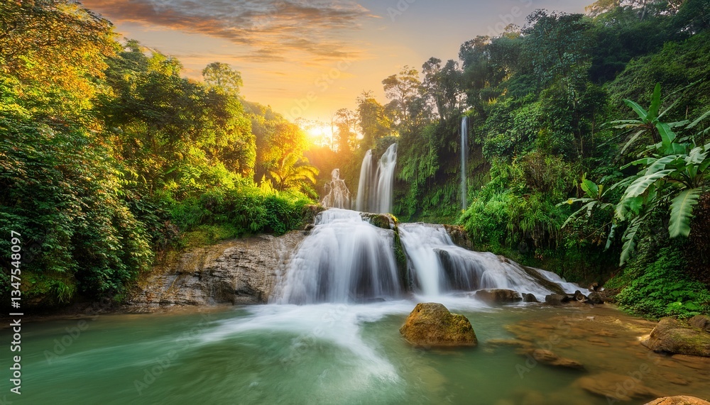 Obraz premium serene tropical waterfall with lush greenery at sunrise