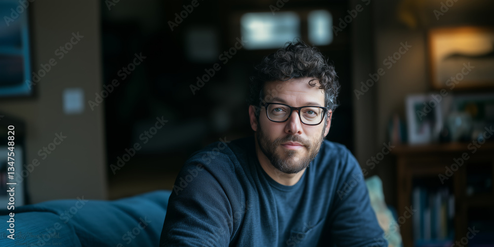 man with glasses sits on blue sofa in dimly lit room, looking contemplative. background is softly blurred, with framed pictures and lamp visible, creating cozy atmosphere man with glasses sits on blue sofa in dimly lit room, looking contemplative. background is softly blurred, with framed pictures and lamp visible, creating cozy atmosphere