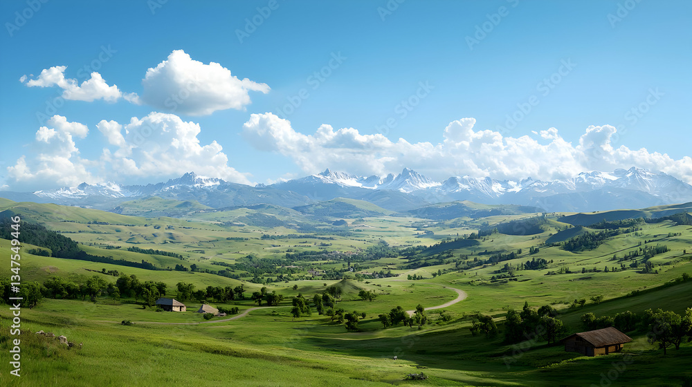 Scenic Mountain Valley Landscape With Green Fields And Houses Scenic Mountain Valley Landscape With Green Fields And Houses