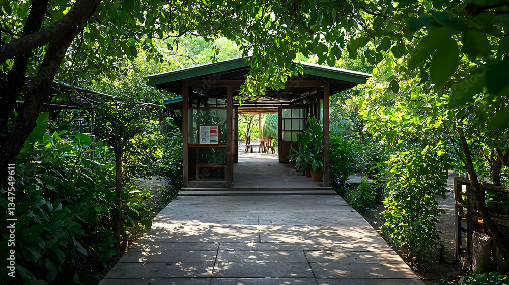 Wooden Gazebo With Green Roof And Glass Panels At The End Of Stone Pathway Amidst Dense Green Foliage In Daylight Wooden Gazebo With Green Roof And Glass Panels At The End Of Stone Pathway Amidst Dense Green Foliage In Daylight