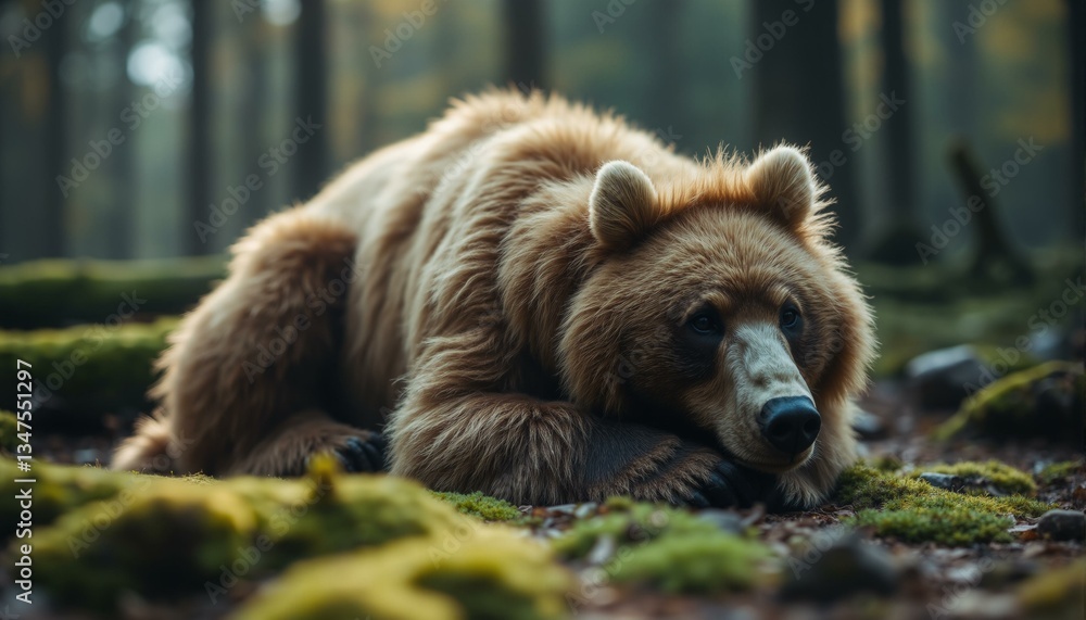Fototapeta premium Worn bear fur, mossy forest floor, soft tangled hairs, chestnut brown, warm beige, gentle diffused light, forest canopy