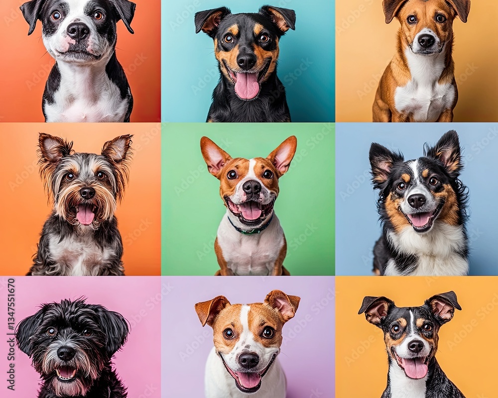Obraz premium Tiny dogs are striking poses and gazing into the camera. These cute pets or puppies seem delighted. The collage showcases different purebred puppies. It’s creatively isolated on a colorful studio