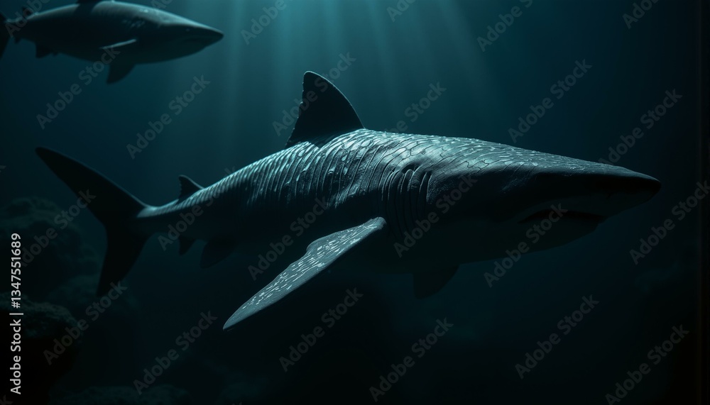 Naklejka premium Close-up of rough shark skin texture featuring intricate dermal denticles and dark charcoal grey background transitioning to inky black.