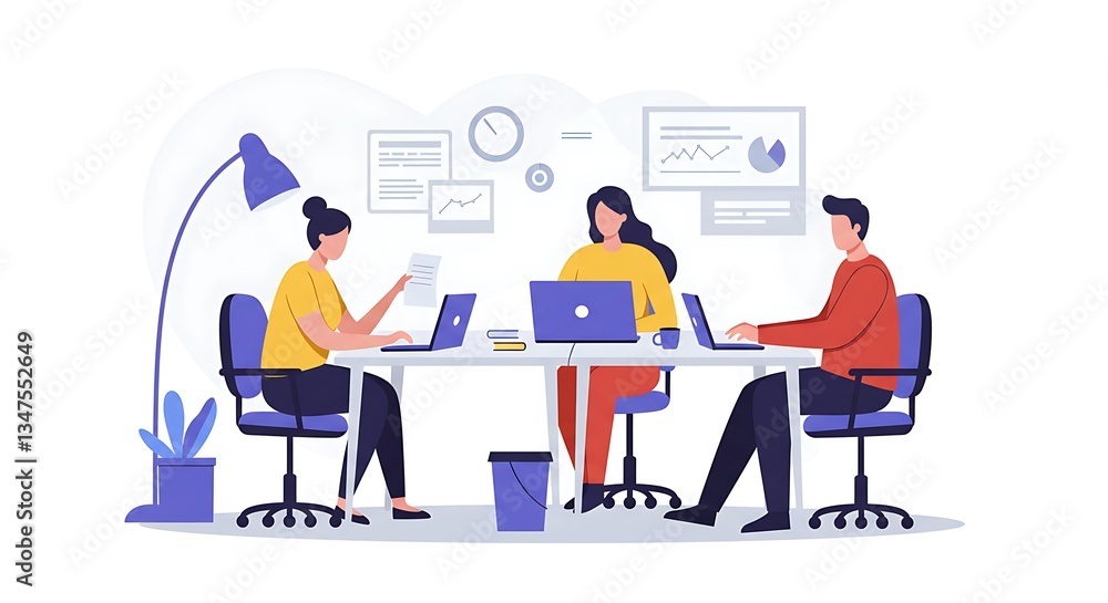 Flat Vector Illustration of Teamwork in a Modern Office Setting Flat Vector Illustration of Teamwork in a Modern Office Setting