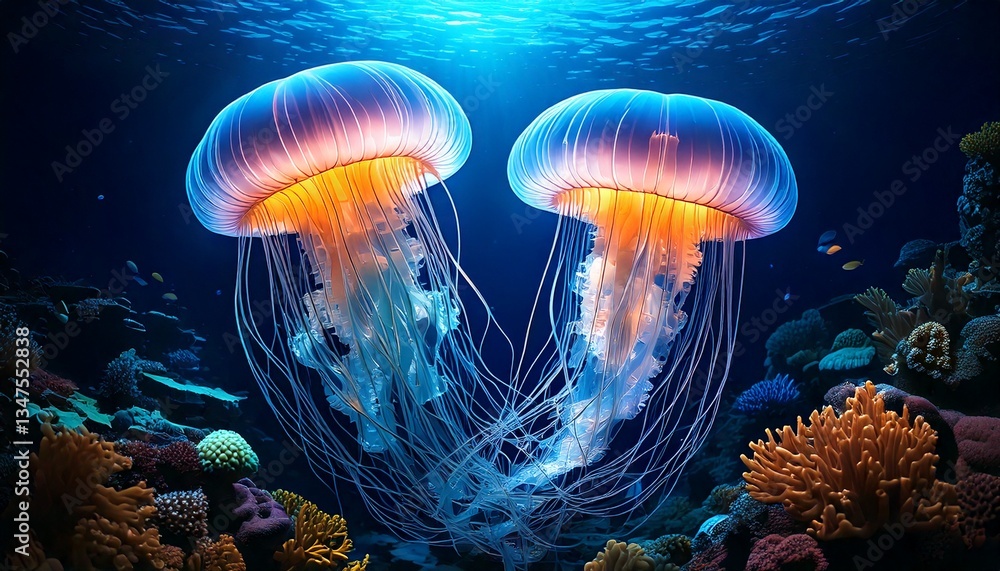 two transparent jelly fish in deep ocean with coral reefs two transparent jelly fish in deep ocean with coral reefs