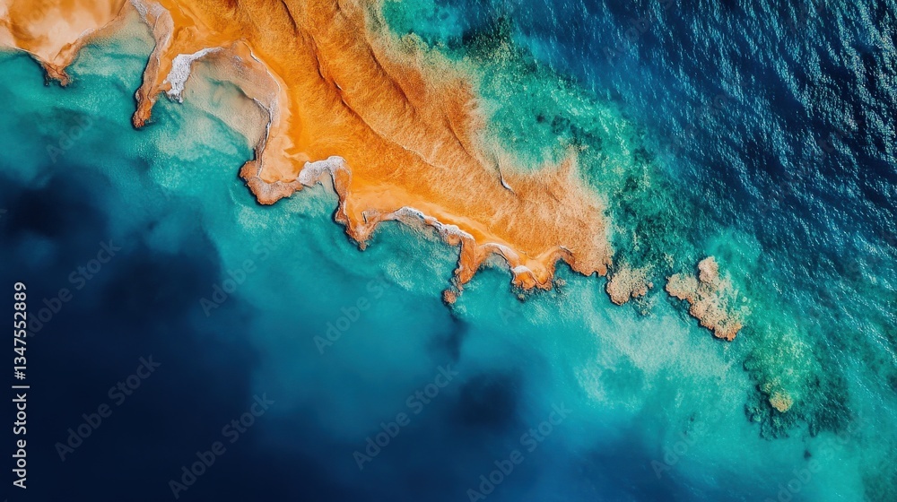Fototapeta premium Aerial view of a vibrant coral reef with a gradient of turquoise water meeting a stunning orange sandbar