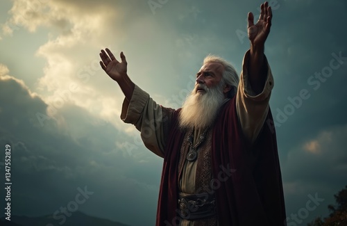 Bearded elderly man with arms raised towards dramatic sky backdrop. Symbol of faith prayer, guidance, worship. Mystic, spiritual leader with reverence and plead to heaven. photo