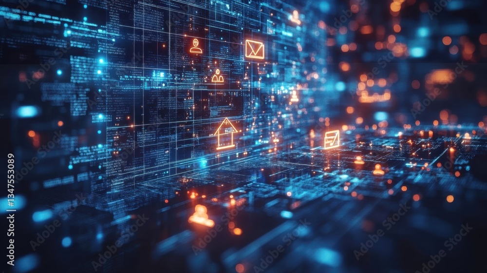Futuristic digital interface with glowing data icons and network connections Futuristic digital interface with glowing data icons and network connections