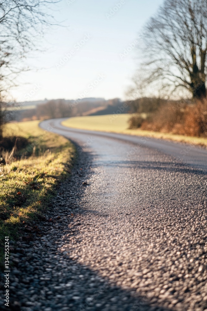 Countryside road invites journey under clear spring sky with budding trees lining the path Countryside road invites journey under clear spring sky with budding trees lining the path