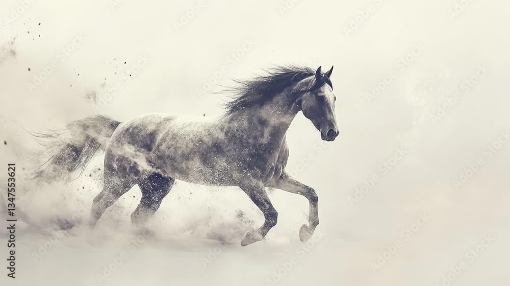 Obraz premium A black horse is shown alone on a white background, described with terms including horse, animal, isolated, white, black, stallion, modern, running, illustration, farm, mammal, gallop, equestrian,