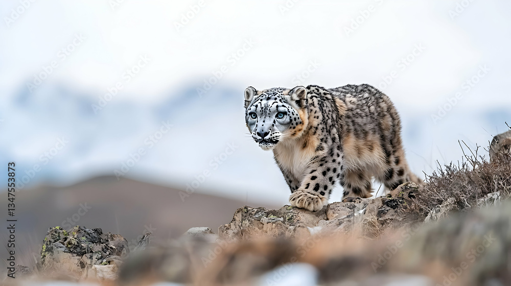 Fototapeta premium Snow Leopard Walking On Rocky Mountain