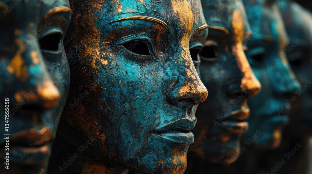 Intricate bronze masks with distressed texture and blue-gold patina Intricate bronze masks with distressed texture and blue-gold patina