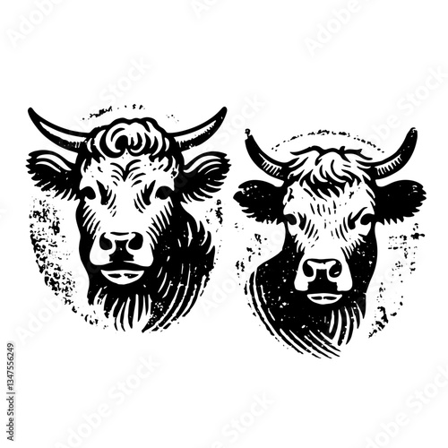 Cows Steers Cattle with Horns, Retro Vector Illustration, Scalable to any Size