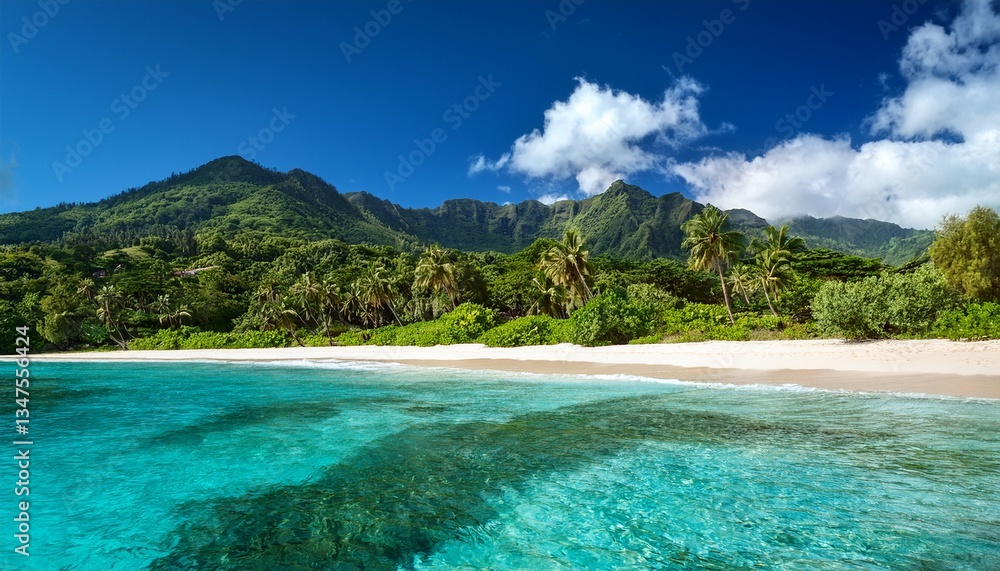 a serene tropical beach with clear blue water and lush green mountains in the background a serene tropical beach with clear blue water and lush green mountains in the background