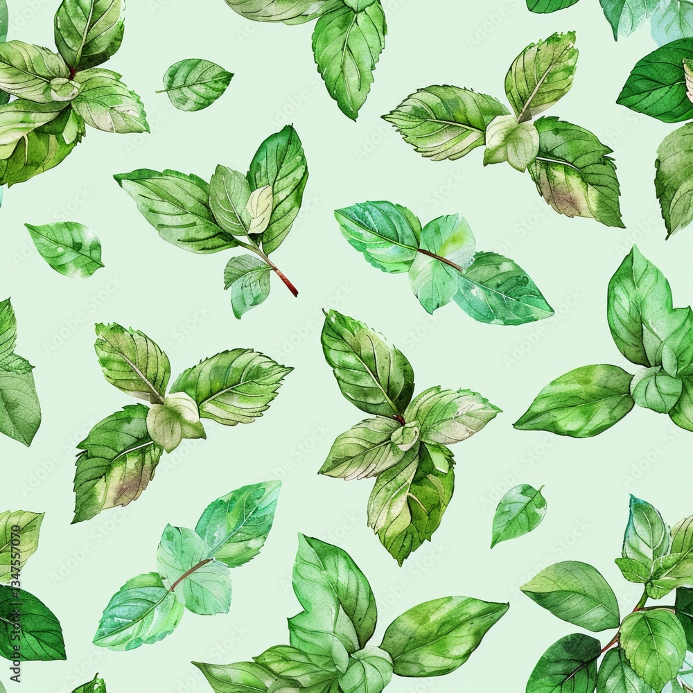 Seamless pattern watercolor mint on green background drawing abstract illustration