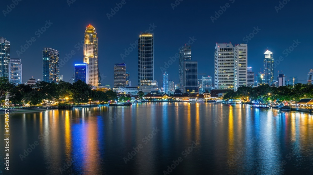 Obraz premium Night Cityscape with River Reflections