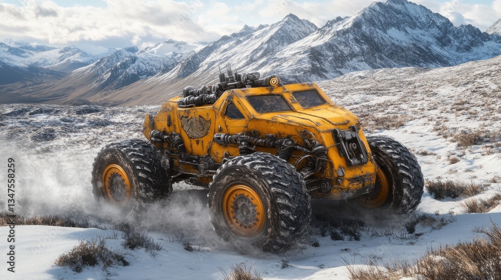 A yellow all terrain vehicle traversing a snow covered landscape A yellow all terrain vehicle traversing a snow covered landscape