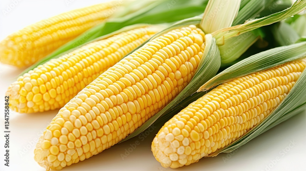 Fresh yellow corn cobs with green husks on a white background Fresh yellow corn cobs with green husks on a white background