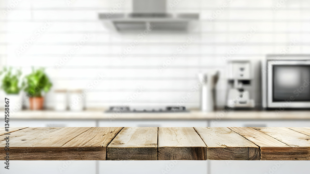 Obraz premium Wooden Kitchen Countertop Table In Modern Kitchen With Blurry Background