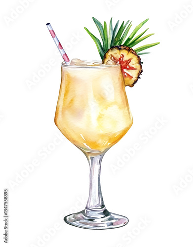 pina colada cocktail, watercolor clipart illustration with isolated background.