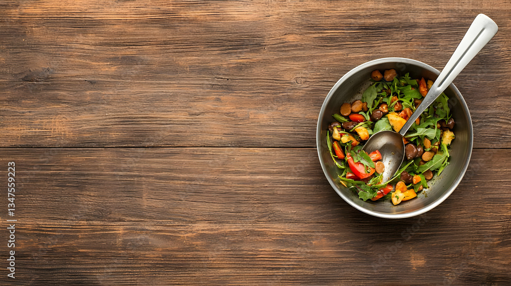 Assortment Of Fresh Vegetables Salad In Pan On Wooden Table Assortment Of Fresh Vegetables Salad In Pan On Wooden Table