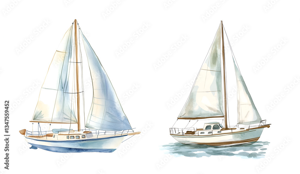 Fototapeta premium Sailboat, watercolor clipart illustration with isolated background.
