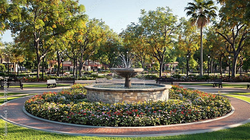 Obraz premium Sunny park fountain, floral landscaping