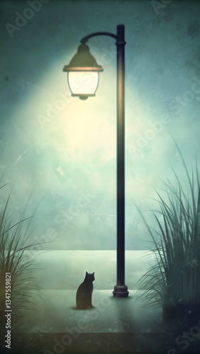 A silhouette of a small cat sitting alone under a