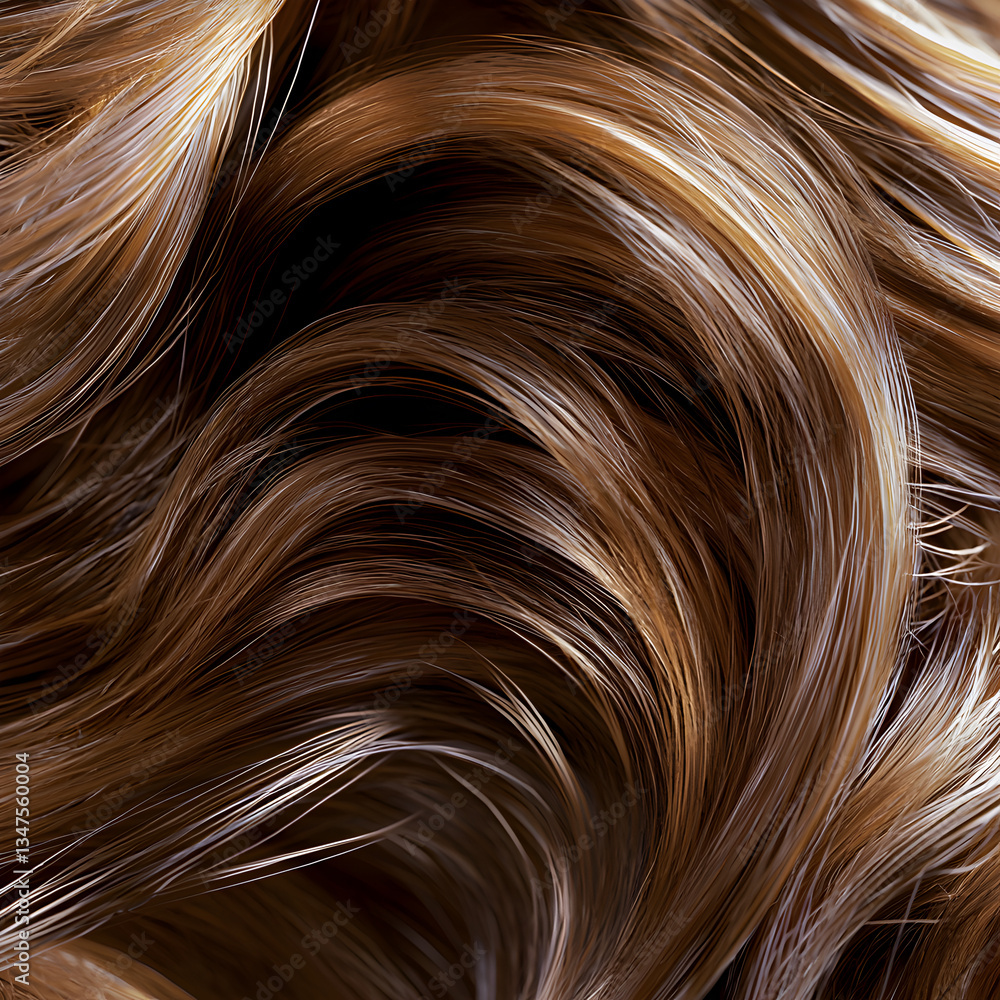 Naklejka premium Close-up of luxurious, voluminous brown hair with silky strands flowing in waves. Perfect for beauty, hair care, and texture-focused visuals