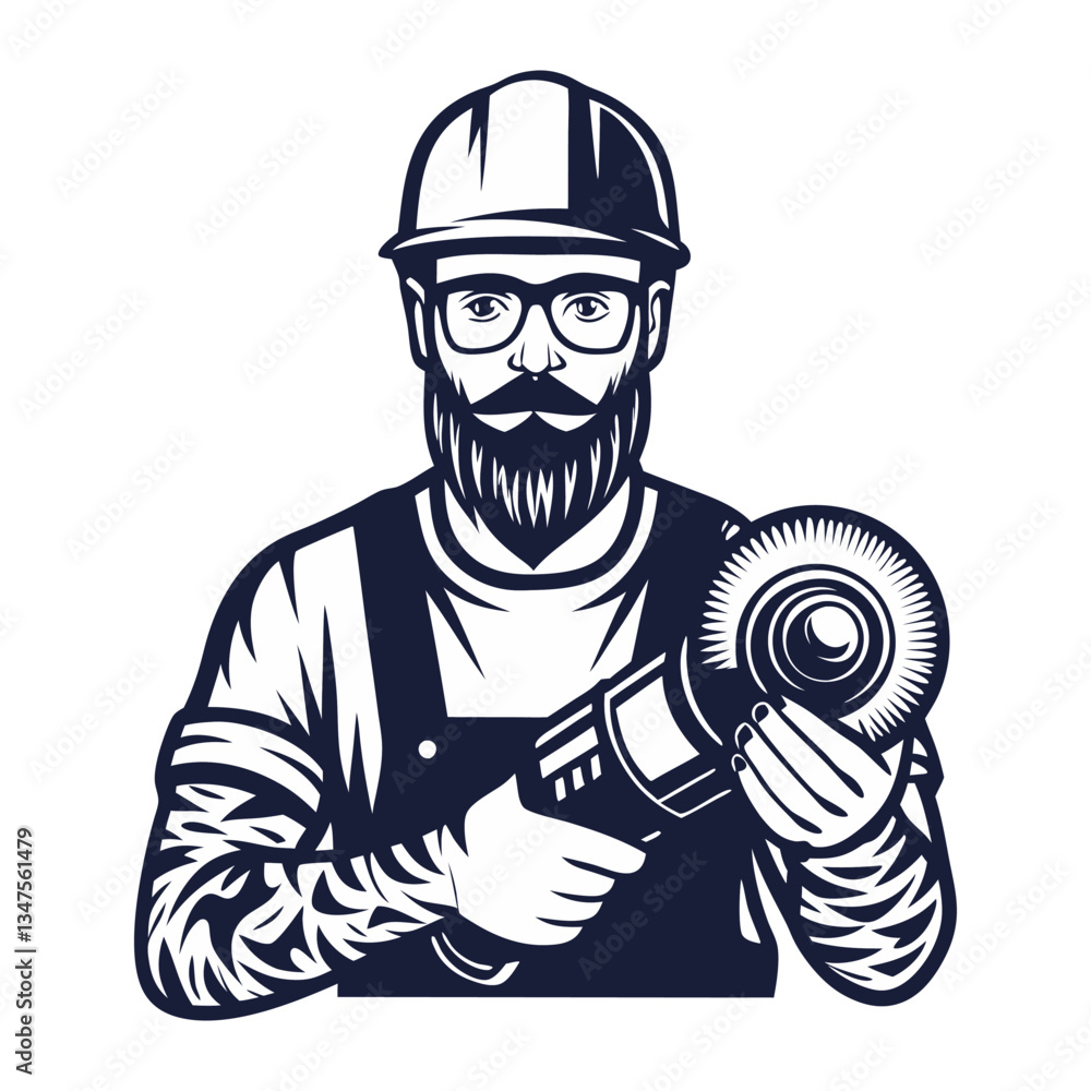 Builder in helmet with angle grinder in hands for workshop. Silhouette worker with tools for construction, carpentry and build, repair work Builder in helmet with angle grinder in hands for workshop. Silhouette worker with tools for construction, carpentry and build, repair work