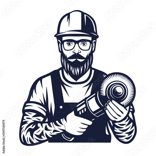 Builder in helmet with angle grinder in hands for workshop. Silhouette worker with tools for construction, carpentry and build, repair work