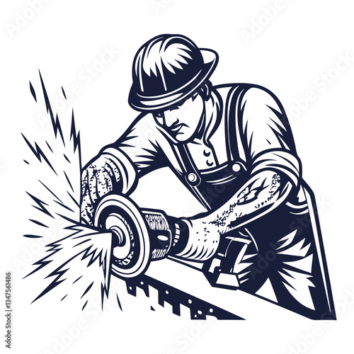 Builder in helmet with angle grinder in hands for workshop. Silhouette worker with tools for construction, carpentry and build, repair work
