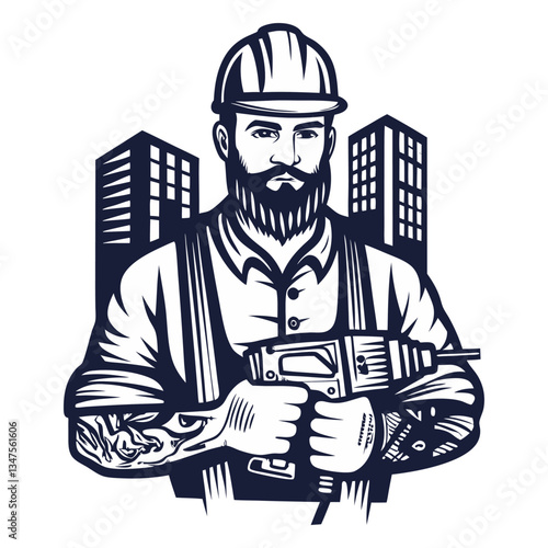 Builder in helmet with angle grinder in hands for workshop. Silhouette worker with tools for construction, carpentry and build, repair work