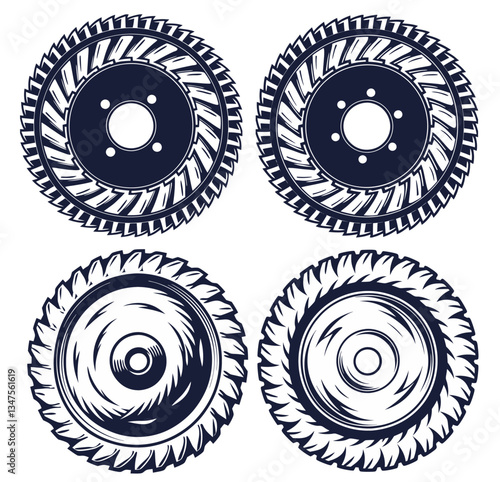 Grinding wheel set for angle grinder or circular saws. Collection of carpentry tools for logo design of craft workshop or sawmill. Handmade or craftsmanship with woodcraft with wooden materials.