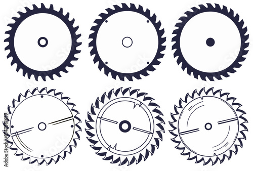 Wood saw set for slice of tree or timber for logo and design of workshop or sawmill. Blade or circular saw with forest for sawing of woodmaster or carpenter.