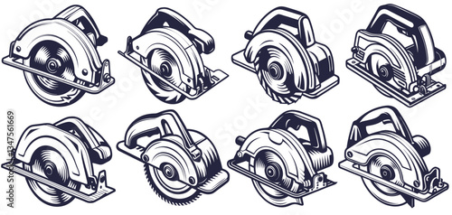 Electric circular saw set. Collection of carpentry tools for logo design of craft workshop or sawmill. Handmade or craftsmanship with woodcraft with wooden materials, timber for woodworking