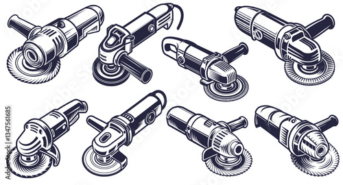 Angle grinder tool set. Collection of construction, repair, carpentry tools for craft workshop or sawmill. Handmade or craftsmanship with woodcraft with wooden materials, timber for woodworking