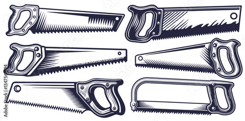 Metallic and wooden hand saw set. Collection of construction and carpentry tools for woodworking. Handmade or craftsmanship with woodcraft, repair work with wooden materials, timber for craft workshop