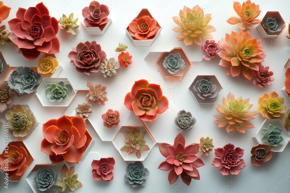 A collection of succulents in various shades of red, orange, and green arranged in hexagonal containers on a white background. A collection of succulents in various shades of red, orange, and green arranged in hexagonal containers on a white background.