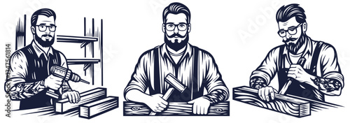 Carpenter hipster set with carpentry tool in hands for craft workshop. Craftsmans with tools for construction, carpentry and woodworking. Handmade, craftsmanship with woodcraft, repair work