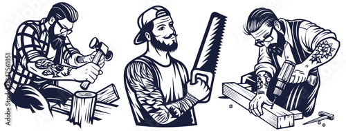 Carpenter hipster set with tool in hands for craft workshop. Craftsmans with tools for construction, carpentry and woodworking. Handmade, craftsmanship with woodcraft, repair work