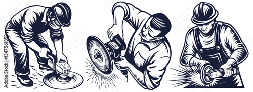 Set with builders in helmet with tattoo and angle grinder in hands for workshop. Silhouette workers with tools for construction, carpentry and build, repair work