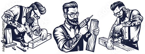 Carpenter hipster set with drill, screwdriver in hands for craft workshop. Craftsmans with tools for construction, carpentry and woodworking. Handmade, craftsmanship with woodcraft, repair work
